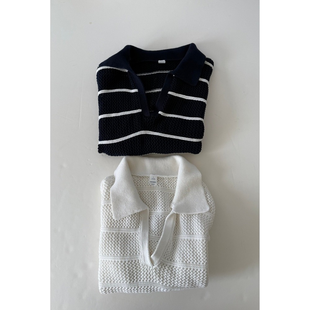 Old Navy Womens Crochet Knit Polo Sweater Lot 2 Short Sleeve Large - Picture 2 of 13